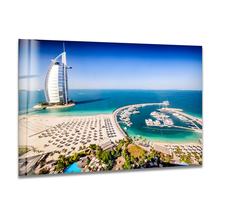 Dubai’s Skyline: Iconic Burj Al Arab Aerial View on Glass Art
