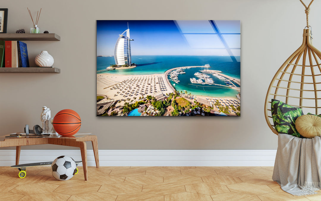 Burj Al Arab Overlooking Dubai Marina: Aerial Glass Wall Art for Your Space
