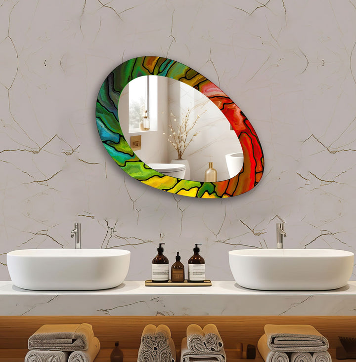 Red And Green Asymmetrical Oval Entryway Wall Mirror