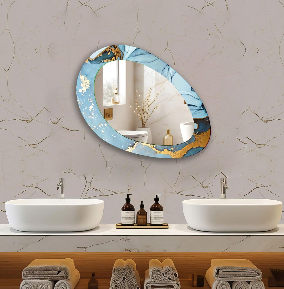 Blue Abstract Gold Marble Oval Entryway Wall Mirror