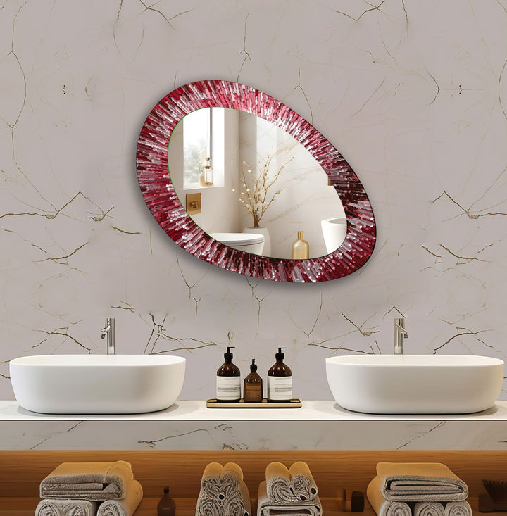 Red Stained Oval Living Room Wall Mirror