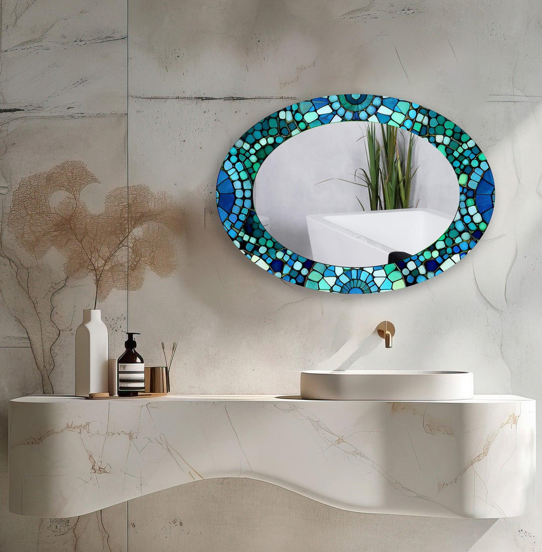 Green And Blue Mosaic Decorative Oval Wall Mirror