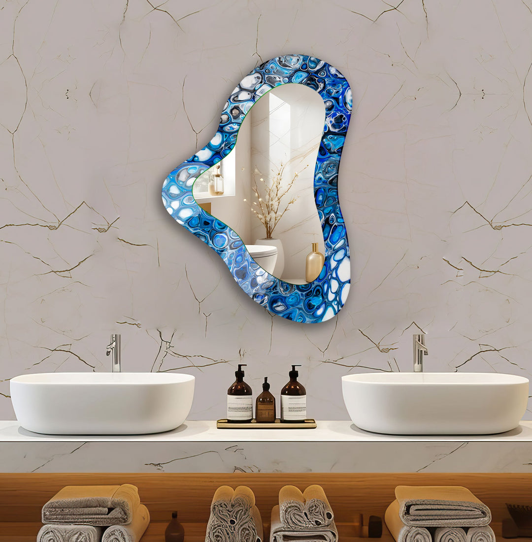 Modern Blue Asymmetrical Glass Wall Mirror