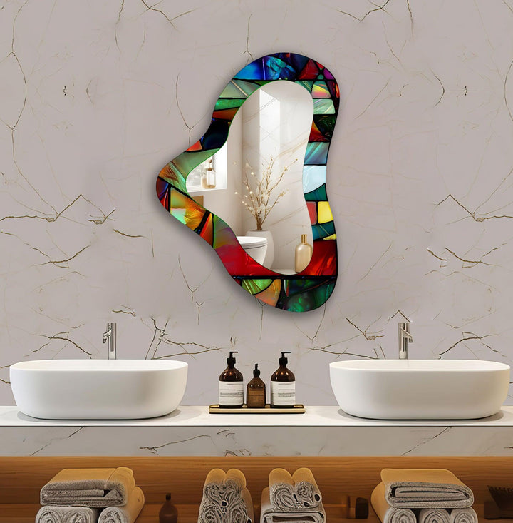 Vivid Red Asymmetrical Glass Wall Mirror