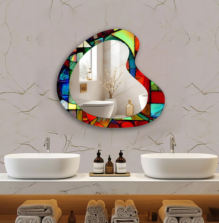 Red Stained Asymmetrical Glass Wall Mirror