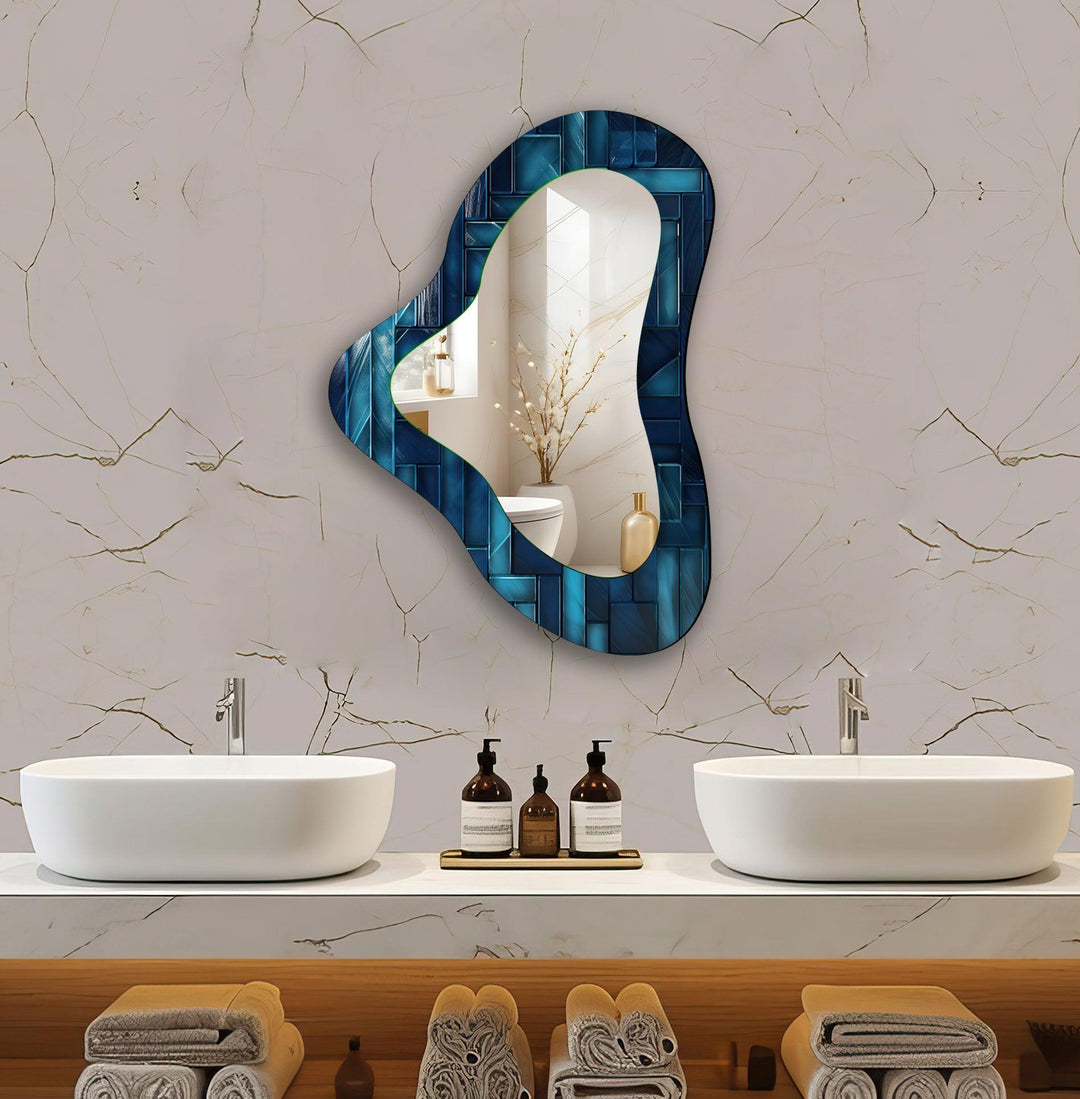 Blue Tiles Accent Irregular Glass Wall Mirror