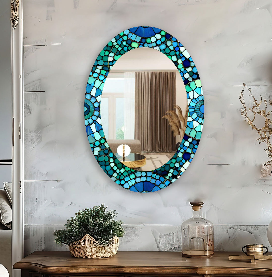 Green And Blue Mosaic Decorative Oval Wall Mirror