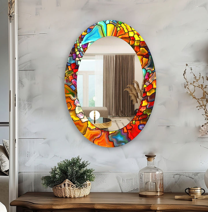 Red Stained Oval Wall Mirror