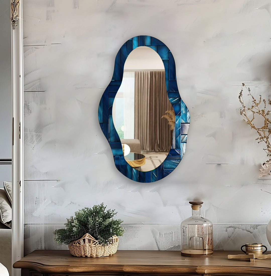 Blue Stained Abstract Asymmetric Wall Mirror