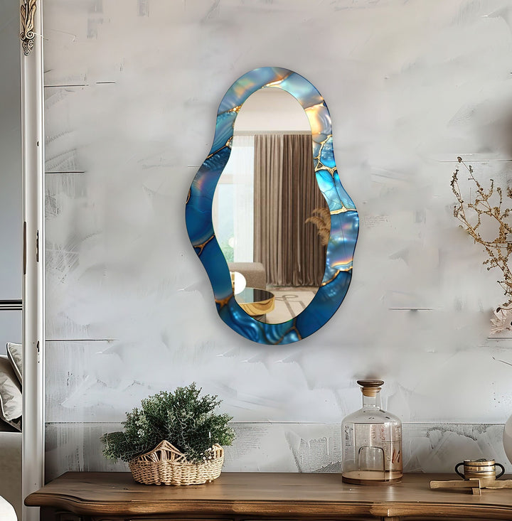 Blue Metallic Asymmetrical Wall Mirror