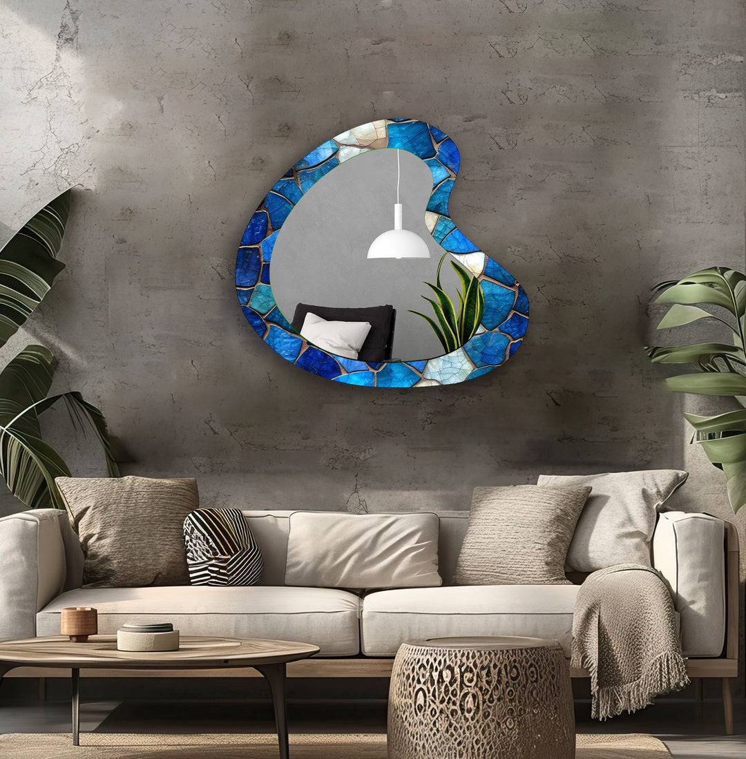 Blue Mosaic Asymmetrical Glass Wall Mirror