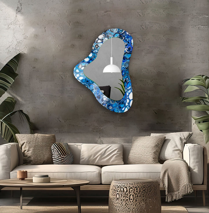 Modern Blue Asymmetrical Glass Wall Mirror