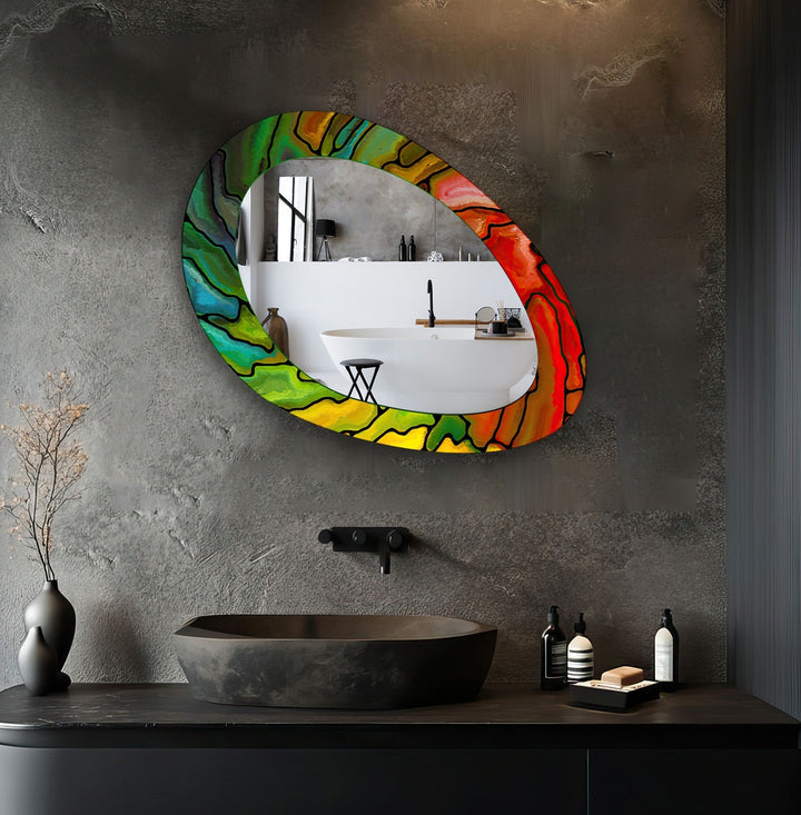 Red And Green Asymmetrical Oval Entryway Wall Mirror