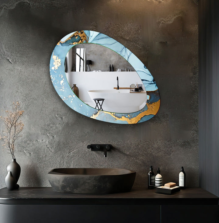 Blue Abstract Gold Marble Oval Entryway Wall Mirror