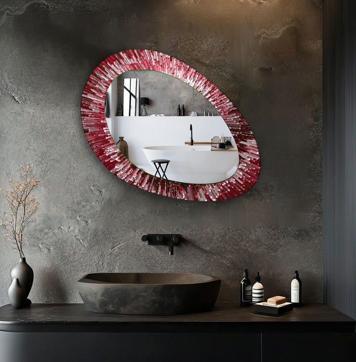 Red Stained Oval Living Room Wall Mirror