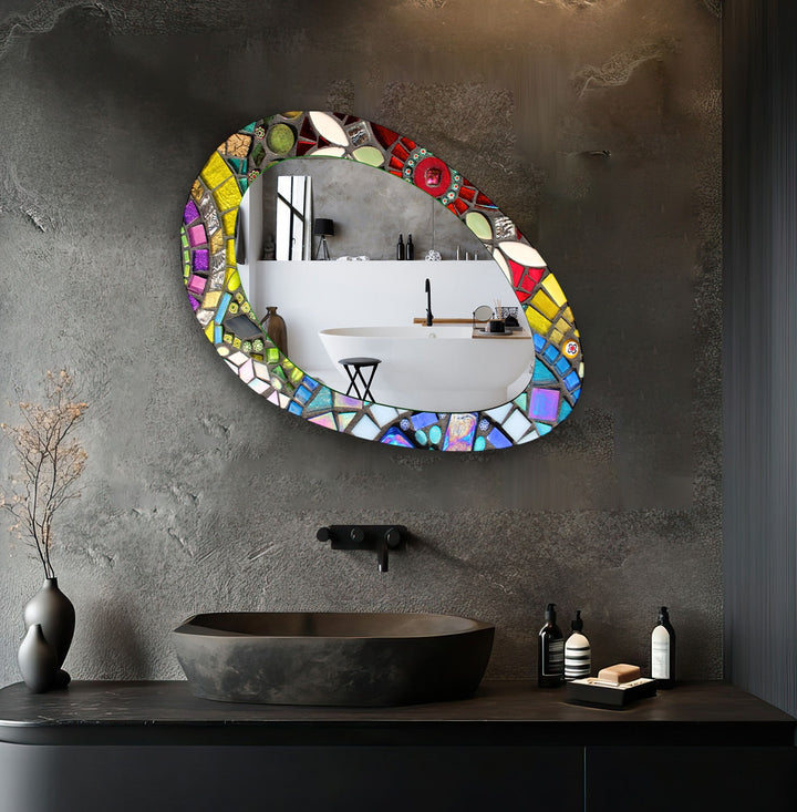 Color Mosaic Asymmetric Oval Living Room Wall Mirror