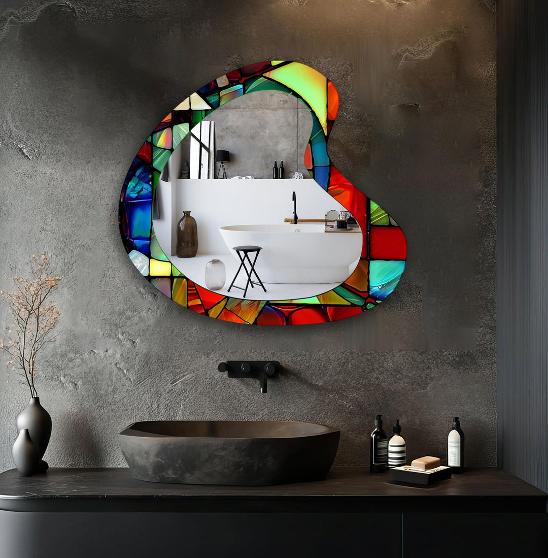 Red Stained Asymmetrical Glass Wall Mirror