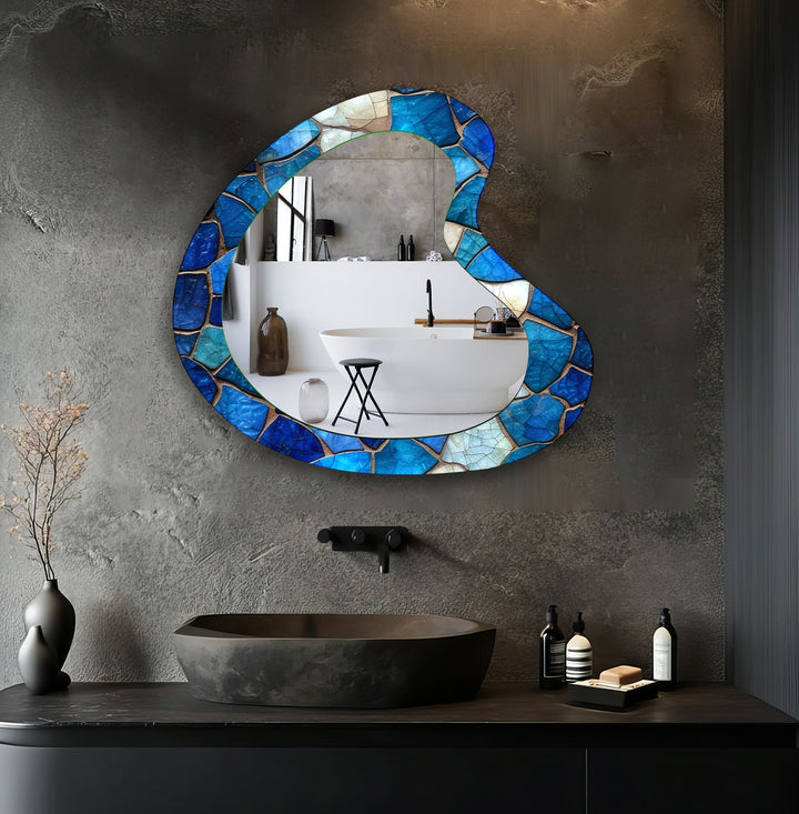 Blue Mosaic Asymmetrical Glass Wall Mirror