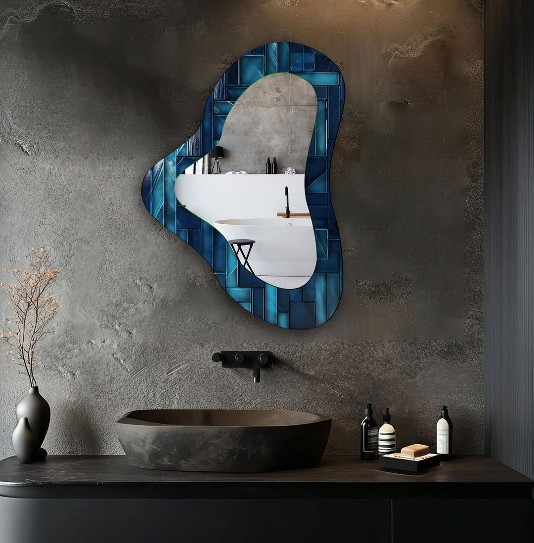 Blue Tiles Accent Irregular Glass Wall Mirror