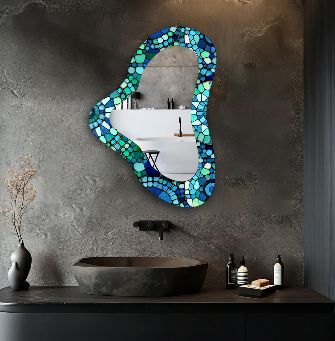 Blue Mosaic Irregular Glass Wall Mirror