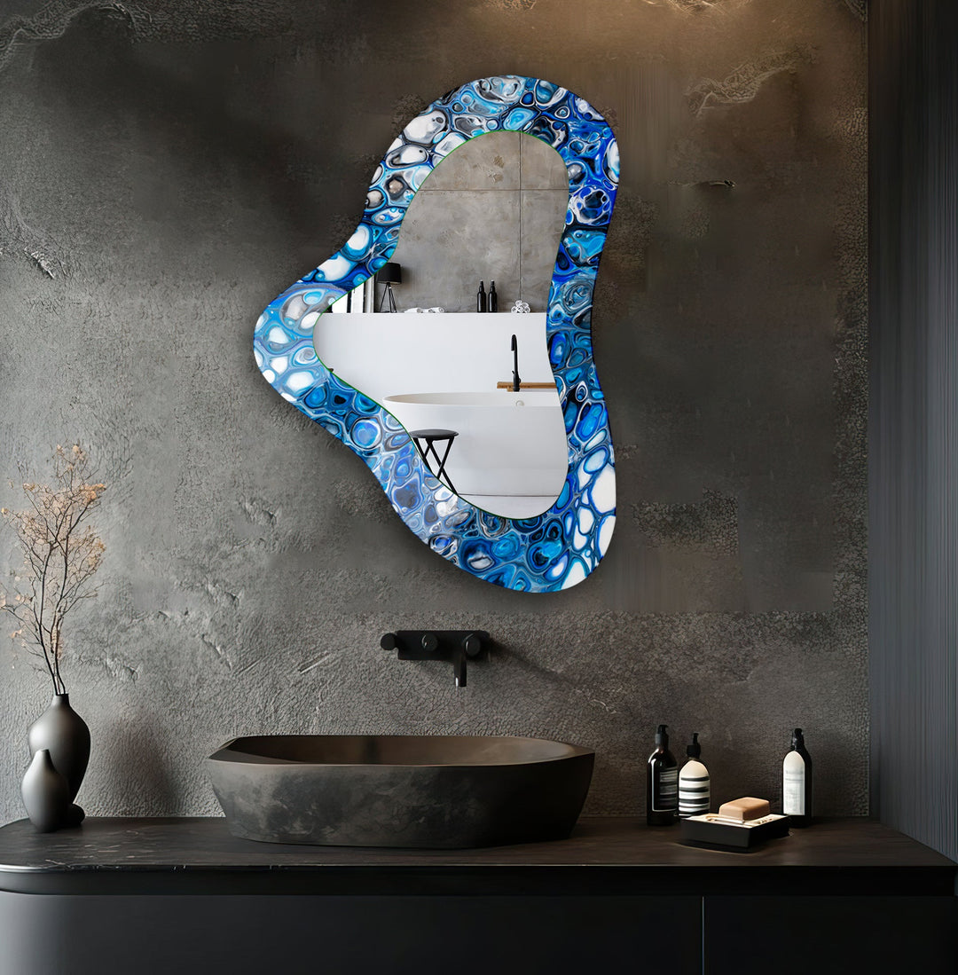 Modern Blue Asymmetrical Glass Wall Mirror