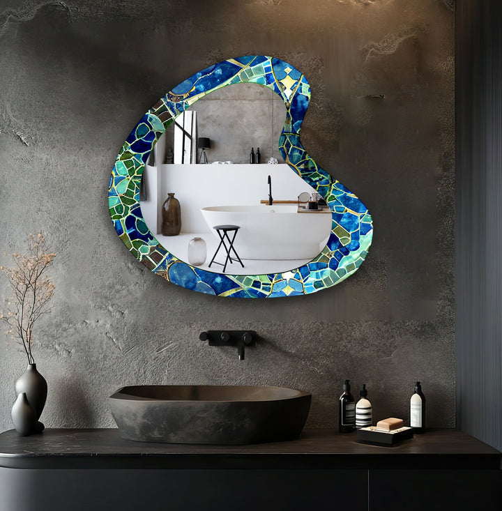 Blue Mosaic Marble Bathroom Wall Mirror