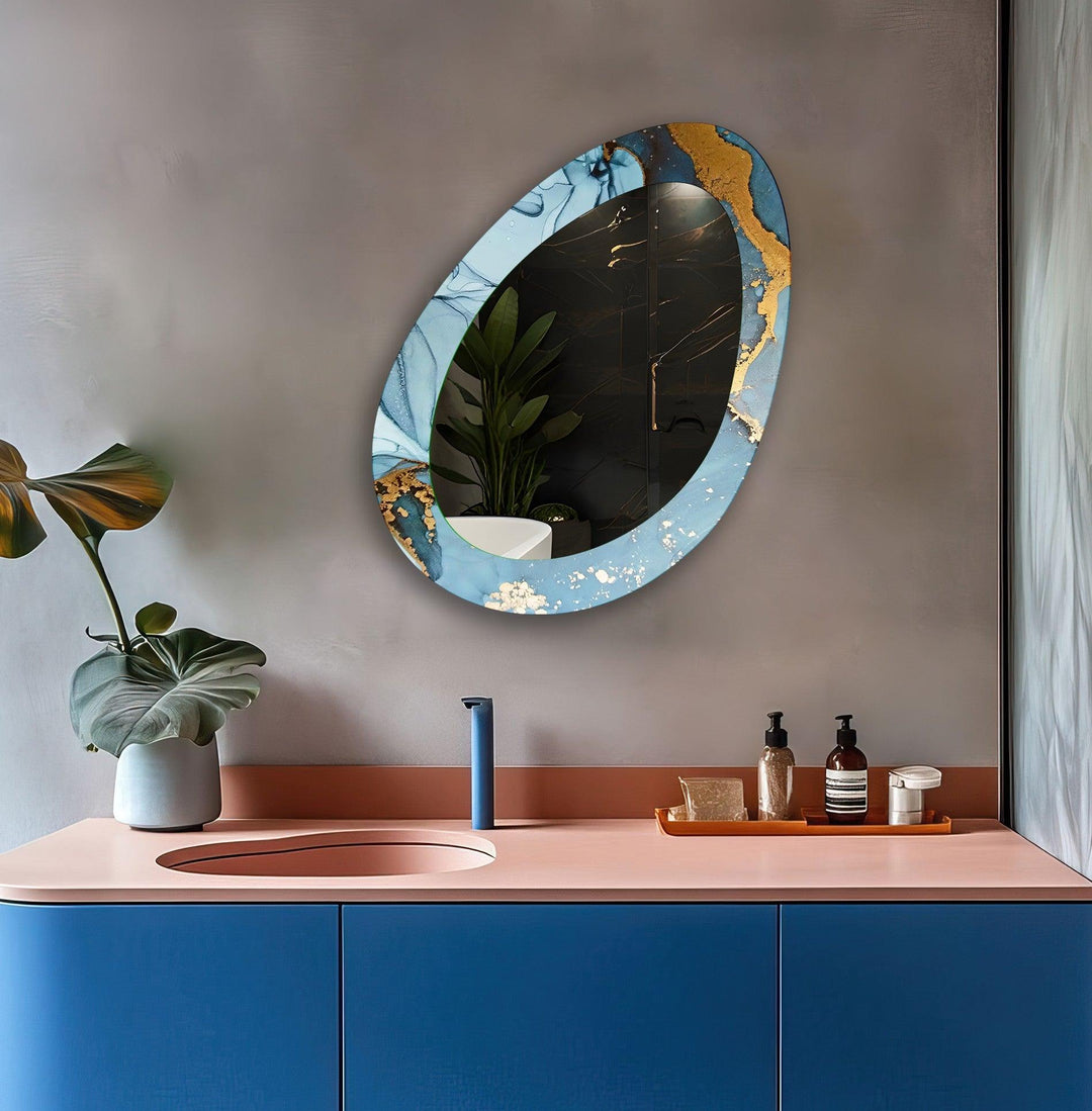 Blue Abstract Gold Marble Oval Entryway Wall Mirror