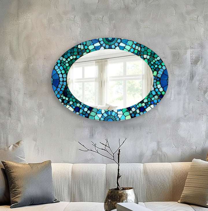 Green And Blue Mosaic Decorative Oval Wall Mirror