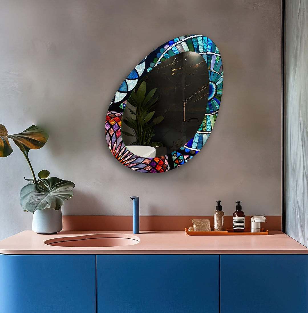 Blue Stained Oval Entryway Wall Mirror