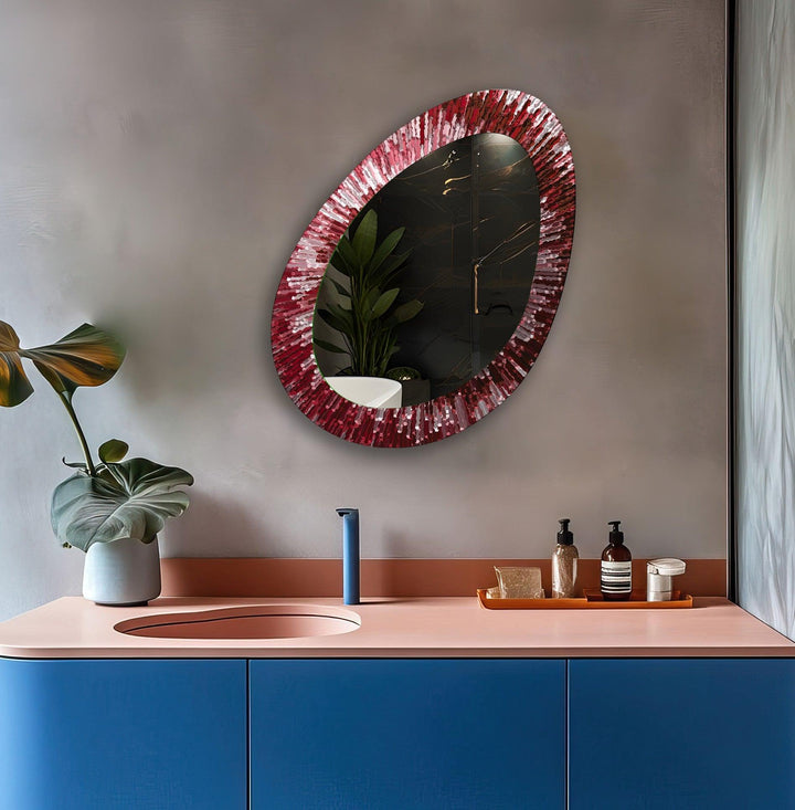 Red Stained Oval Living Room Wall Mirror