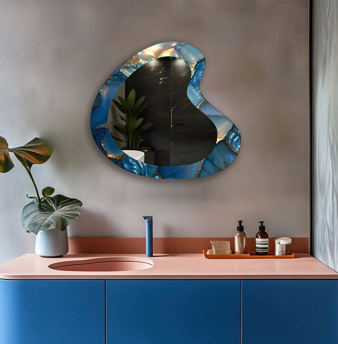 Blue Abstract Irregular Glass Wall Mirror