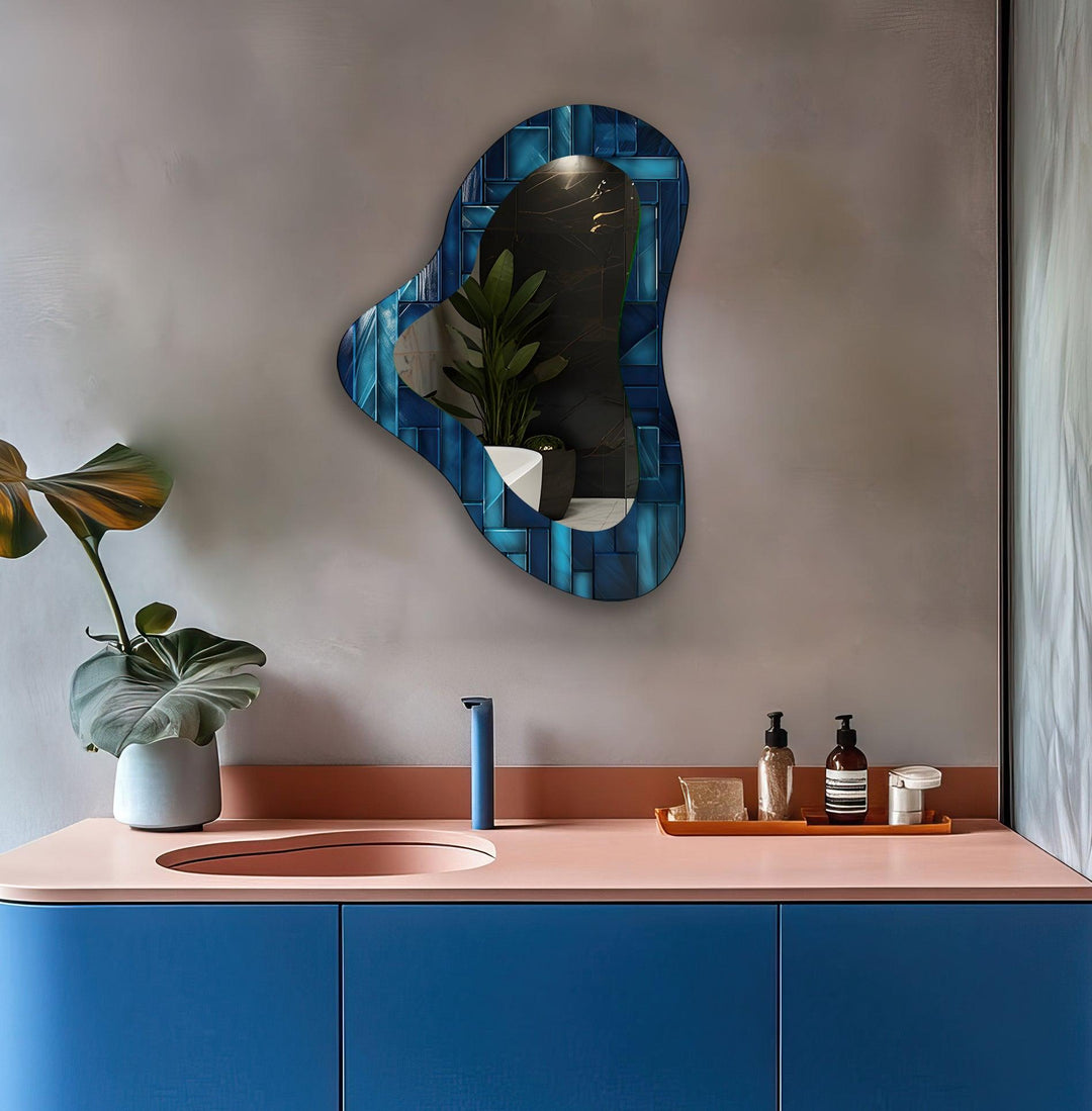 Blue Tiles Accent Irregular Glass Wall Mirror