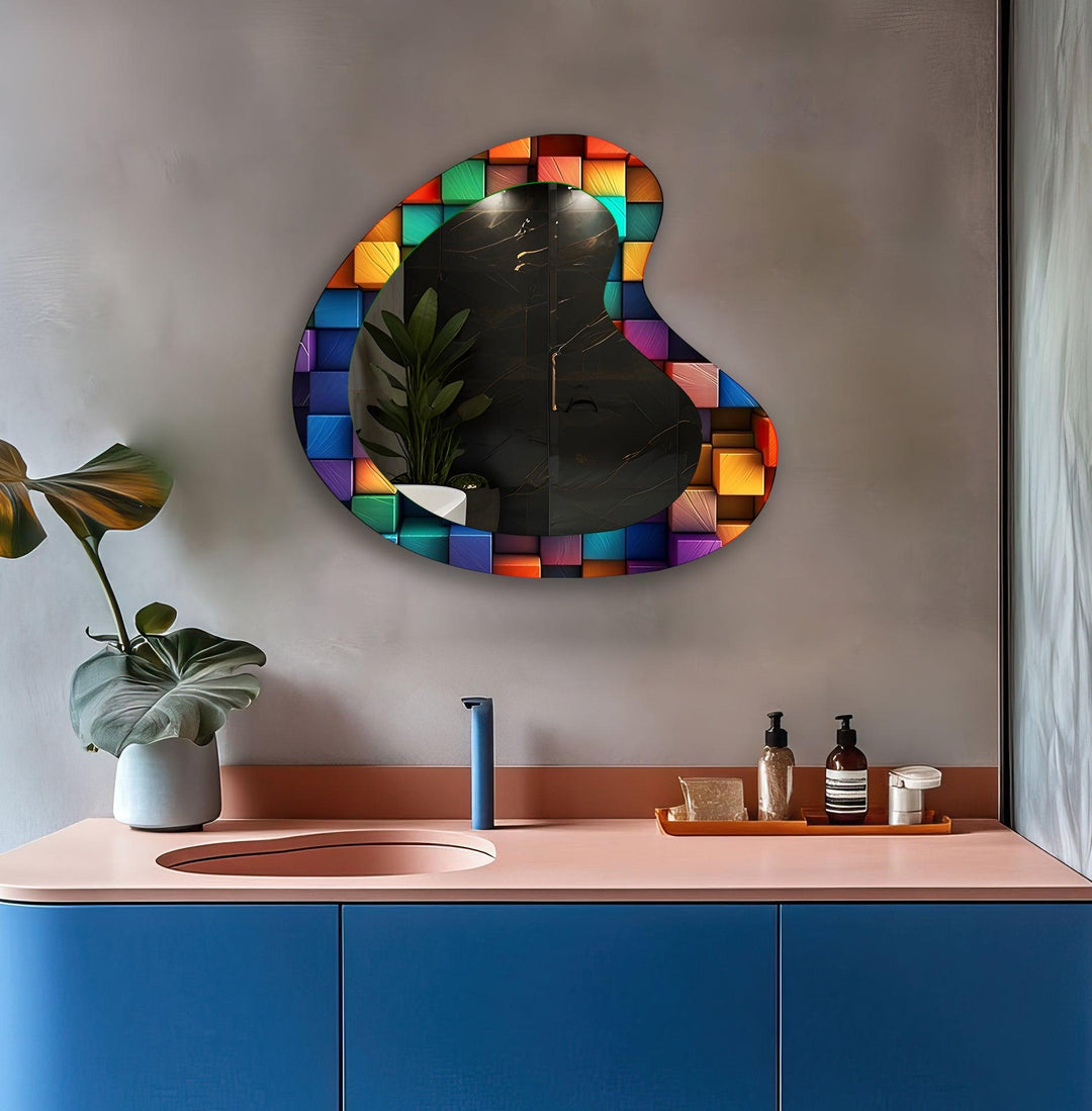 Modern Colorful Cubes Irregular Glass Wall Mirror