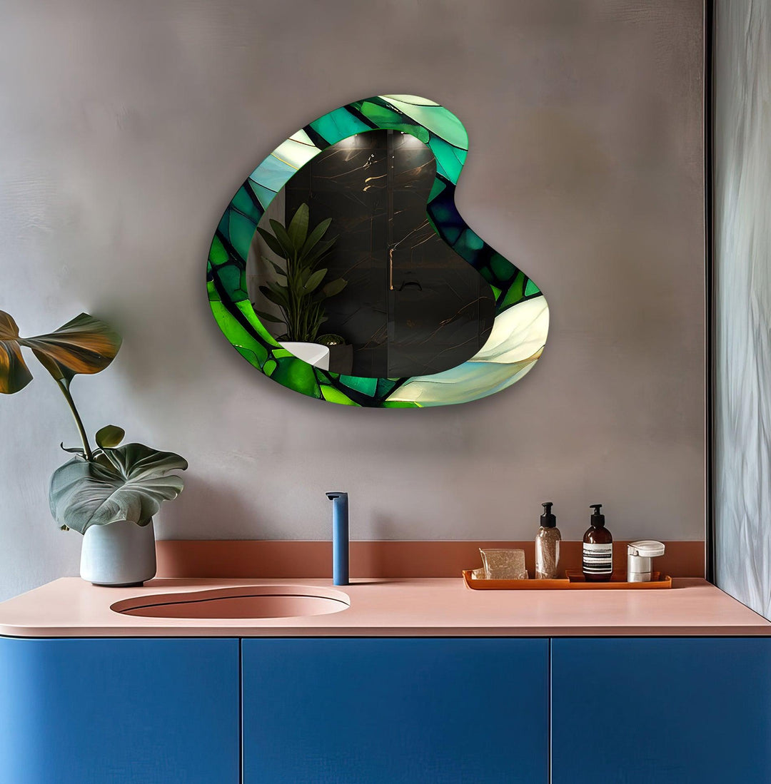 Green Stained Asymmetrical Wall Mirror