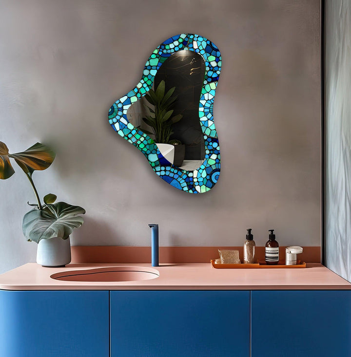 Blue Mosaic Irregular Glass Wall Mirror