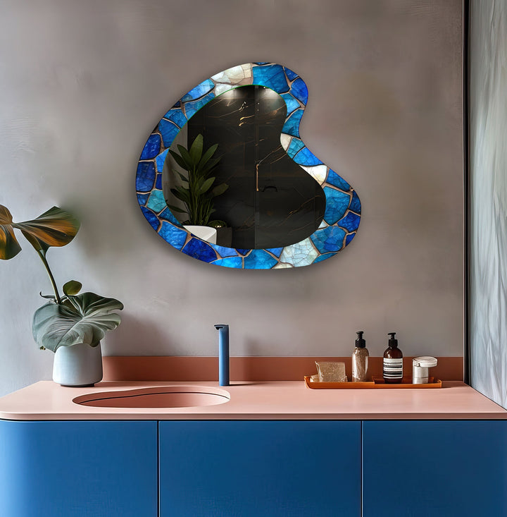 Blue Mosaic Asymmetrical Glass Wall Mirror