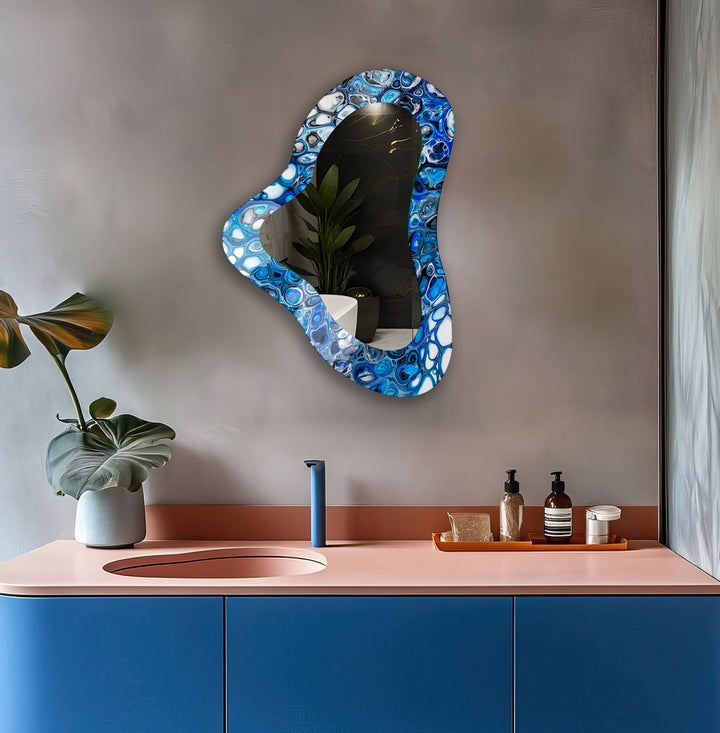 Modern Blue Asymmetrical Glass Wall Mirror