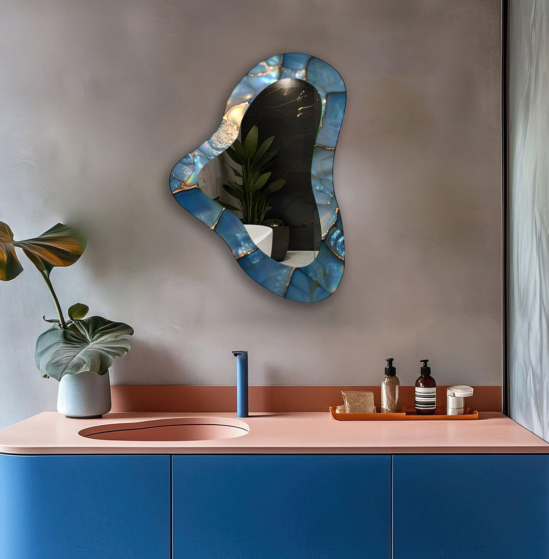 Blue Irregular Glass Wall Mirror