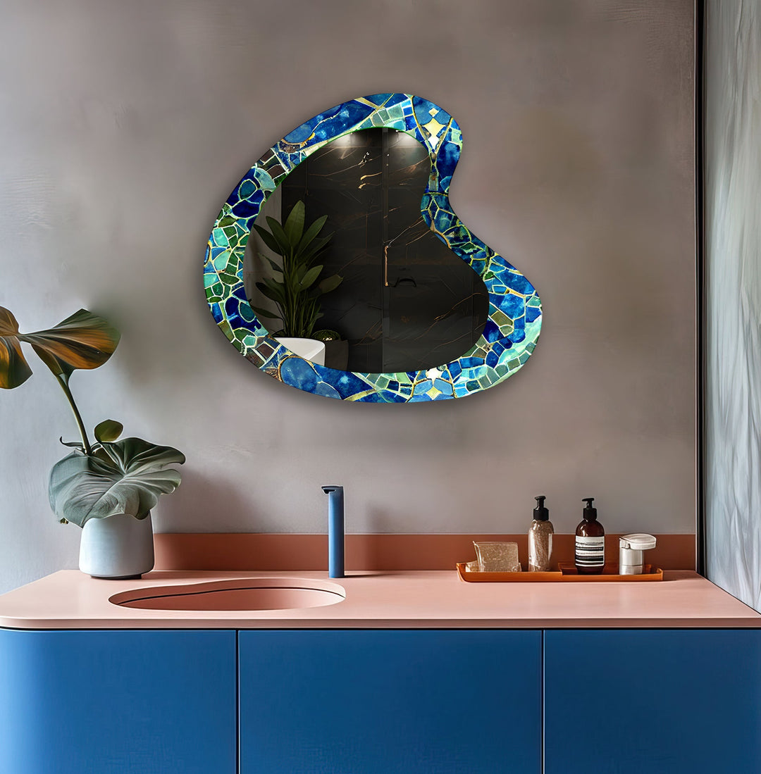 Blue Mosaic Marble Bathroom Wall Mirror