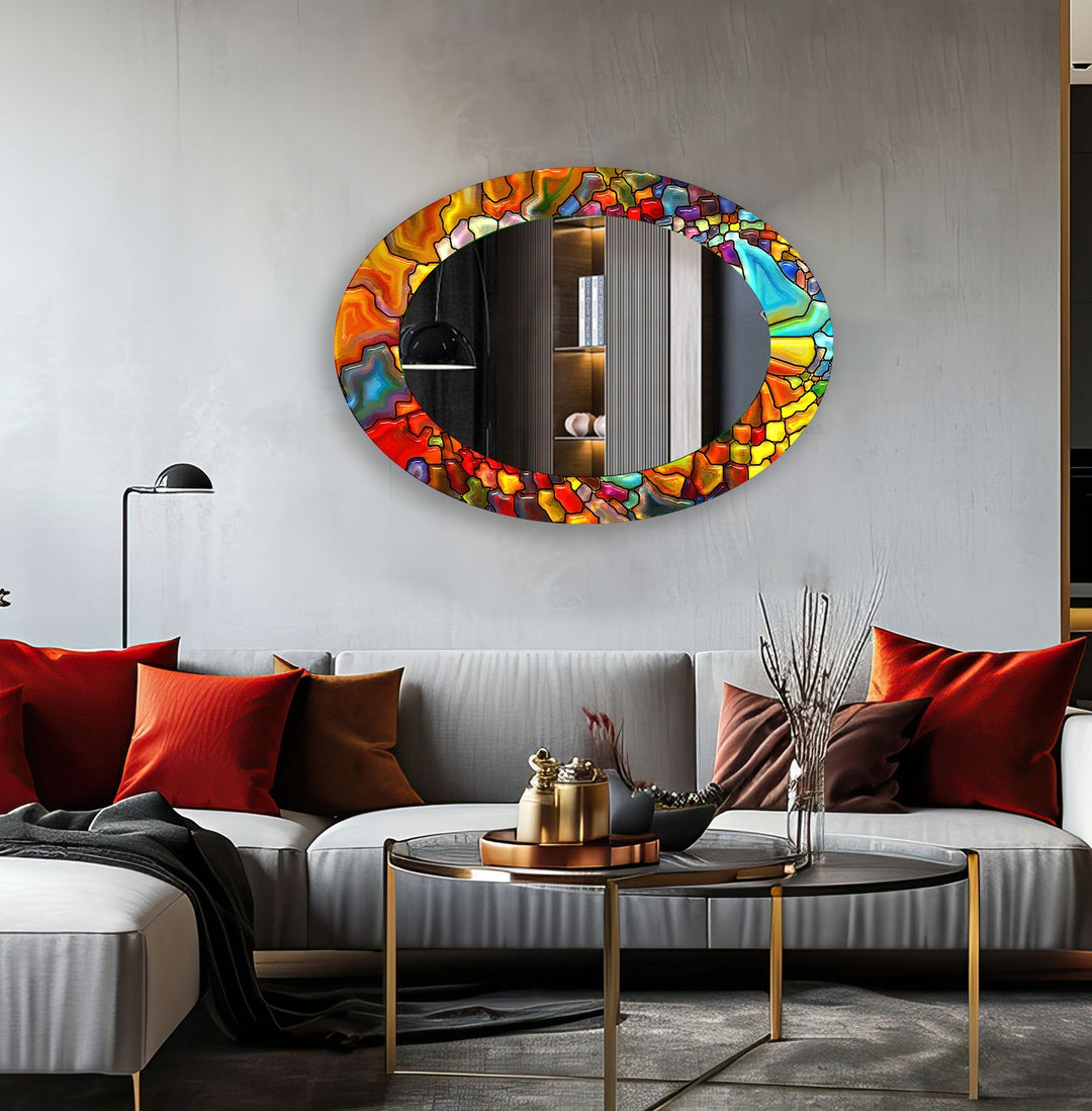 Red Stained Oval Wall Mirror