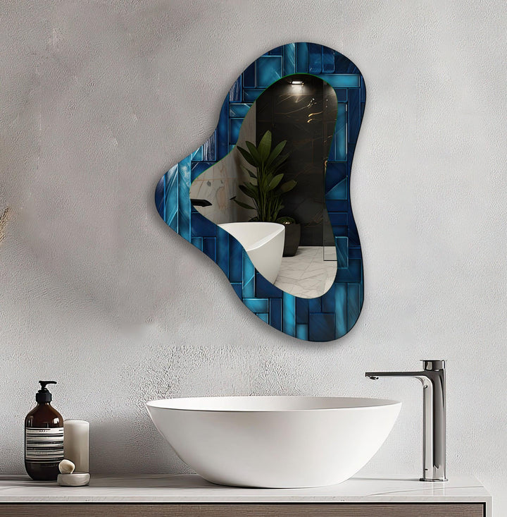 Blue Tiles Accent Irregular Glass Wall Mirror