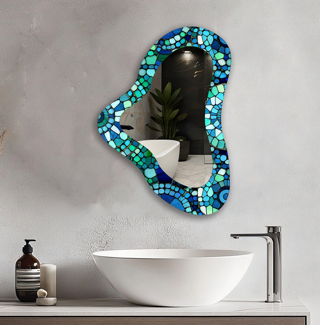 Blue Mosaic Irregular Glass Wall Mirror