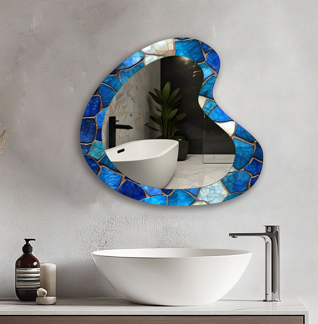 Blue Mosaic Asymmetrical Glass Wall Mirror