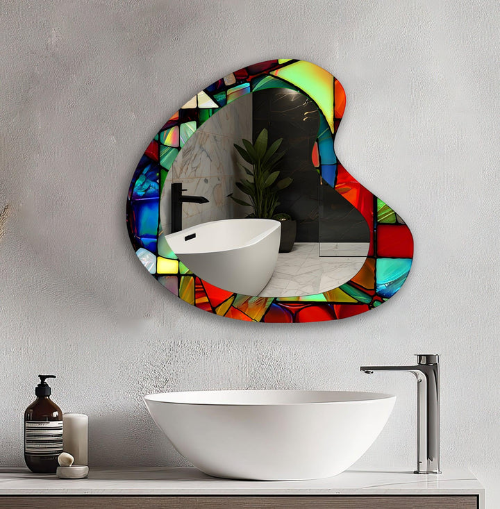 Red Stained Asymmetrical Glass Wall Mirror