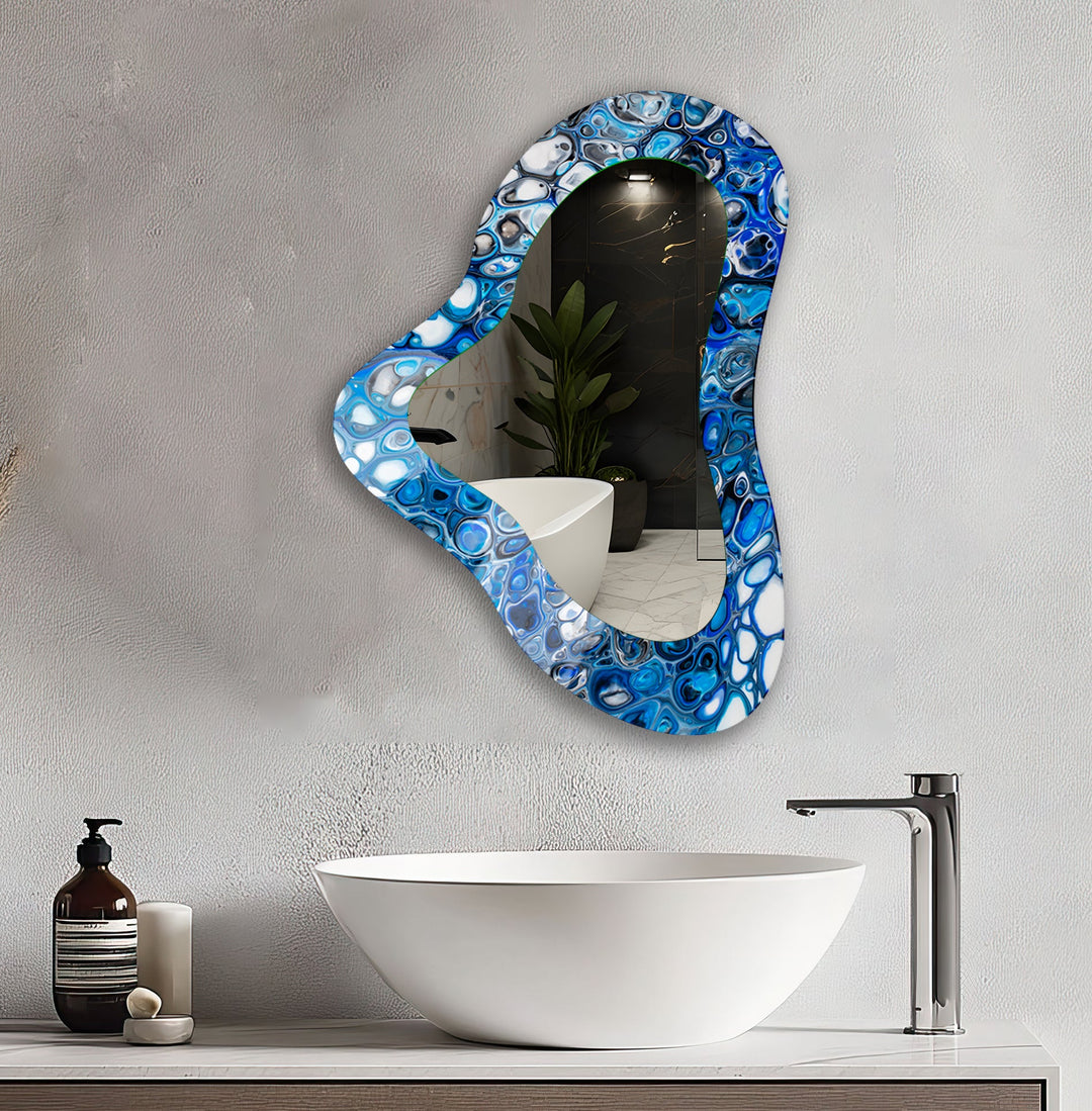 Modern Blue Asymmetrical Glass Wall Mirror