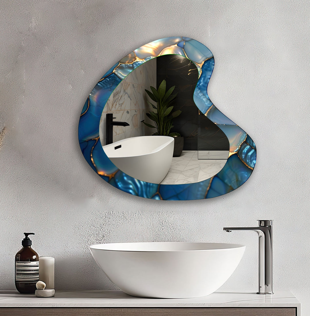 Blue Abstract Irregular Glass Wall Mirror