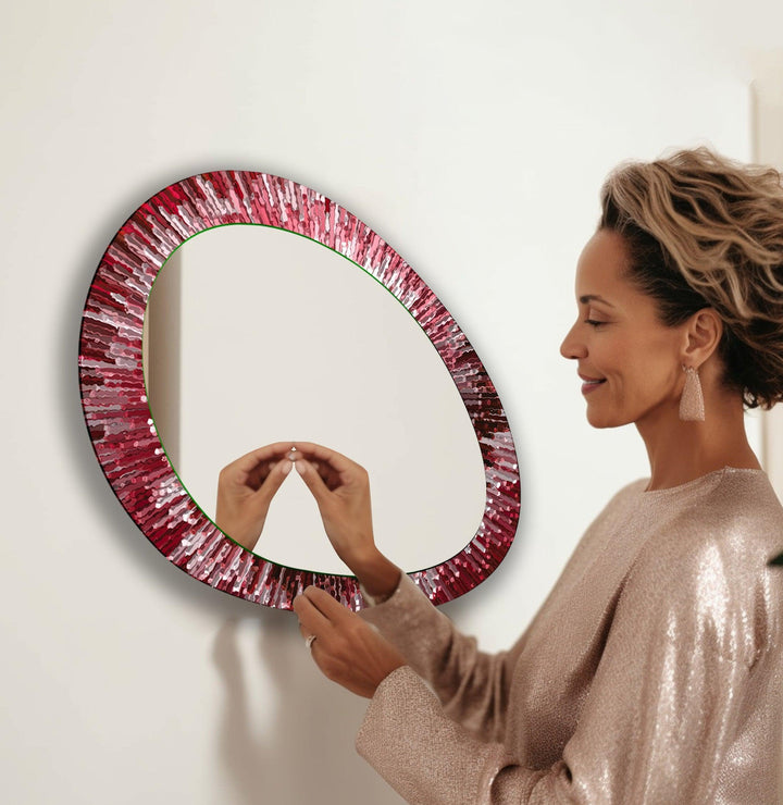 Red Stained Oval Living Room Wall Mirror