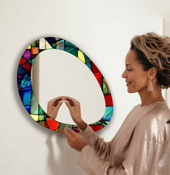 Red Asymmetrical Oval Entryway Wall Mirror