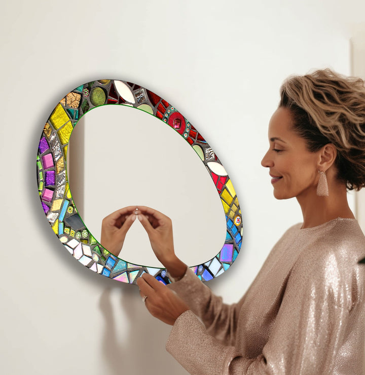 Color Mosaic Asymmetric Oval Living Room Wall Mirror