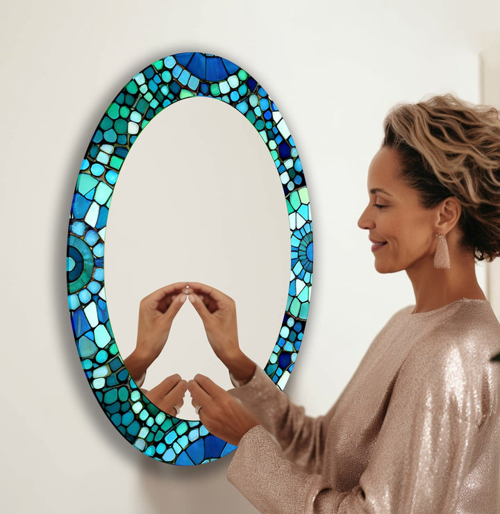 Green And Blue Mosaic Decorative Oval Wall Mirror